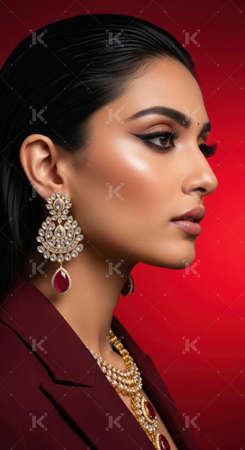 Elegant South Asian Woman Showcasing Ornate Gold and Ruby Jewelr