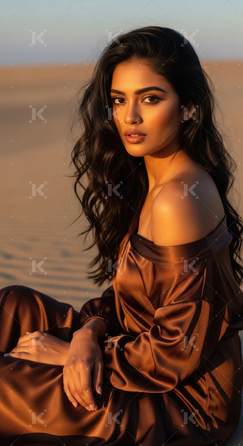 Captivating woman in elegant brown dress glows in desert sunset