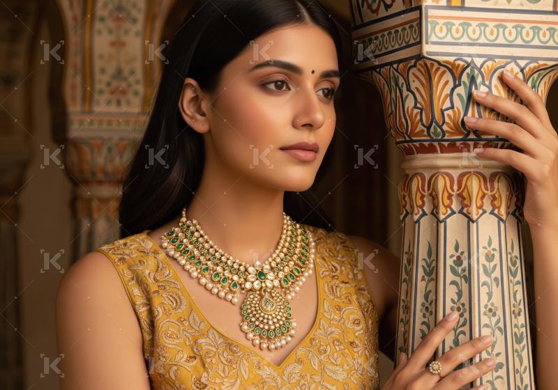 Elegant Indian Woman in Traditional Attire with Emerald Pearl Ne
