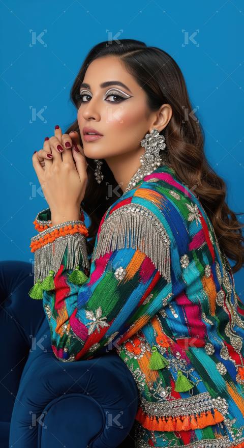Stunning Woman in Colorful Embellished Jacket with Dramatic Make