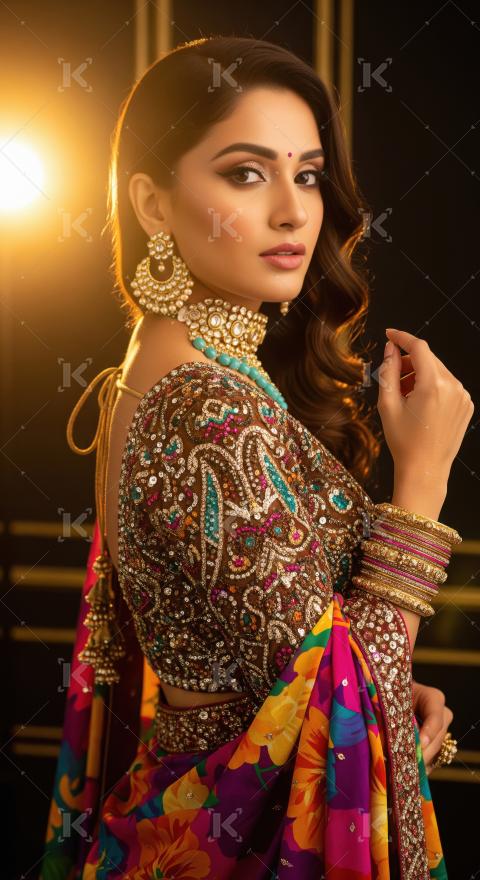 Exquisite Indian Woman in Traditional Saree and Elaborate Jewelr