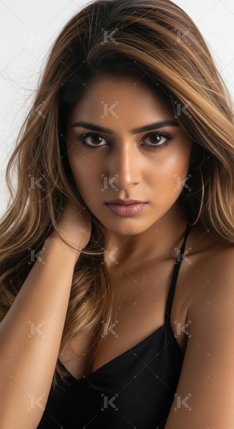 Beautiful woman's studio portrait, captivating gaze, and stunnin