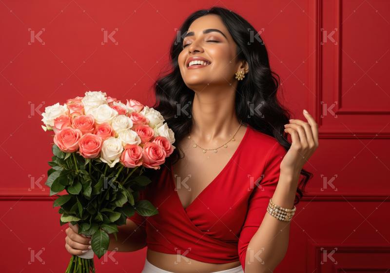 Joyful Woman Holding Pink and White Roses, Radiant Smile