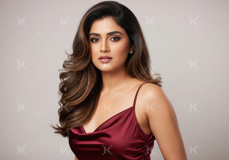 Glamorous South Asian Woman Posing Confidently in Elegant Silk D