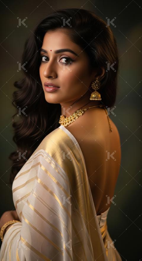Elegant Indian Woman in Traditional White and Gold Saree