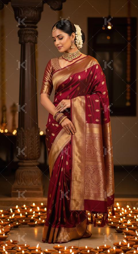 Elegant Indian Woman in Silk Saree Amidst Festive Diyas