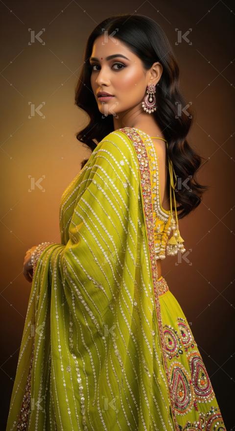 Stunning Woman in Lime Green Lehenga with Intricate Embroidery