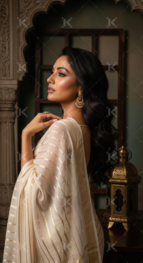 Elegant Indian Woman in Saree Poses with Traditional Jewelry