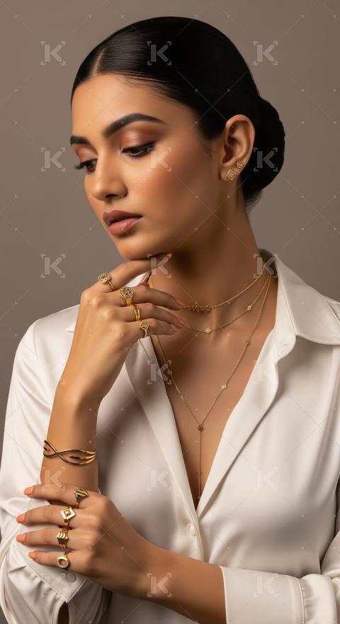 Elegant Woman Showcasing Gold Jewelry Collection with Rings and