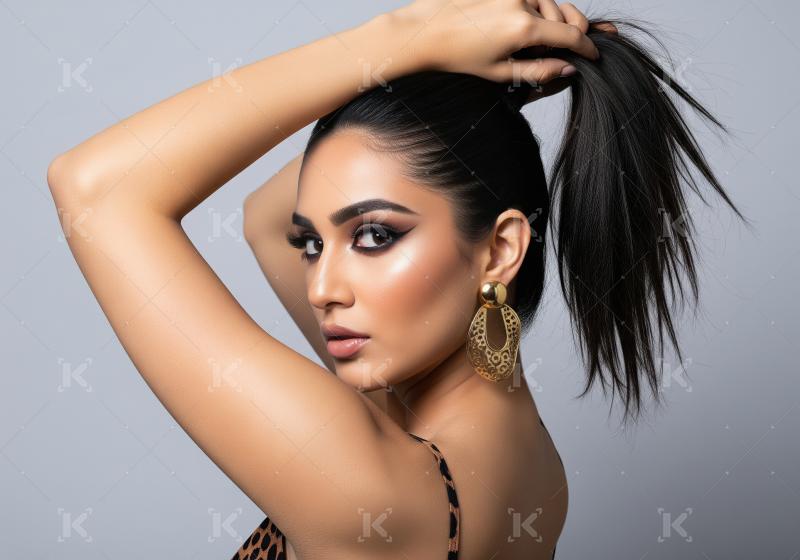 Beautiful woman with ponytail, dramatic eye makeup, and gold ear