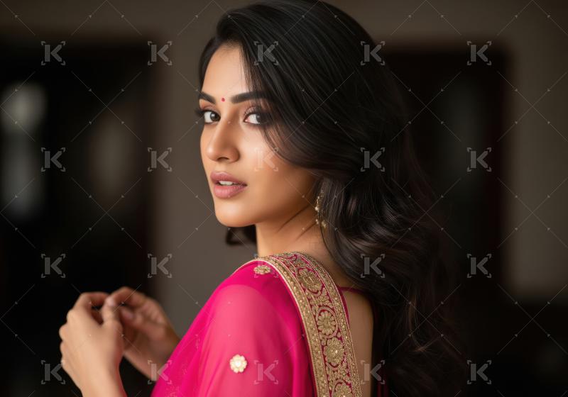 Beautiful Indian Woman in Pink Saree with Elegant Pose