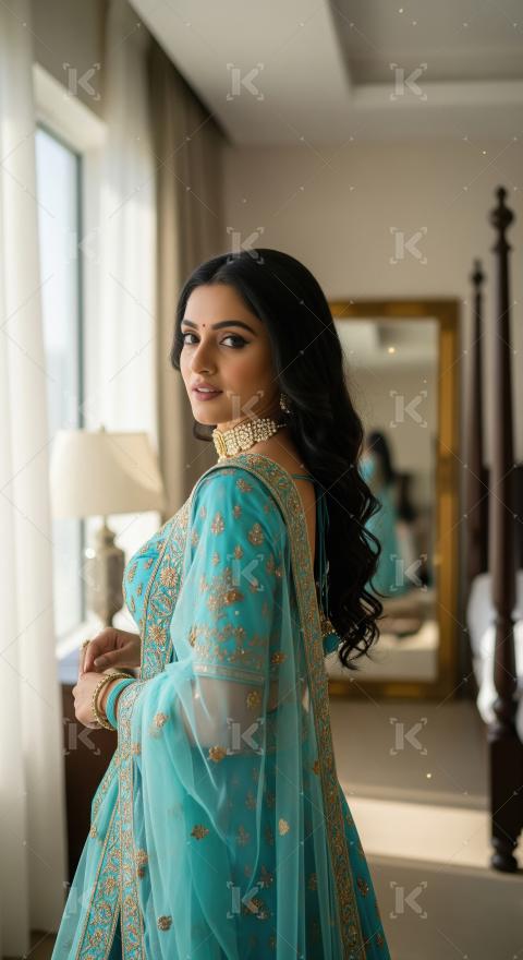 Beautiful Indian Woman Posing Elegantly in Traditional Teal Atti