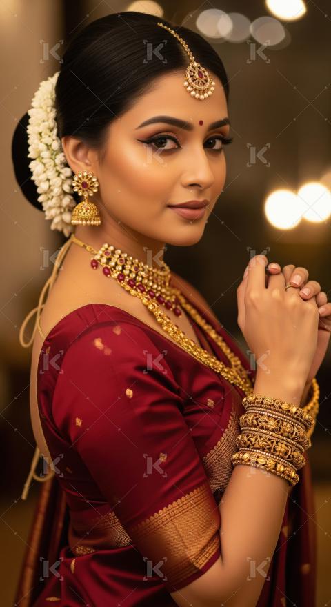 Stunning Indian woman in traditional bridal gold jewelry.