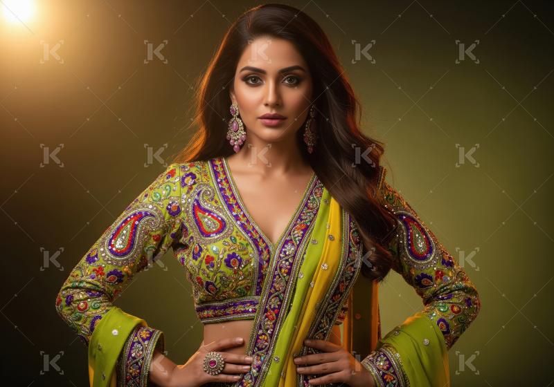 Elegant Indian woman in vibrant embroidered saree and traditiona