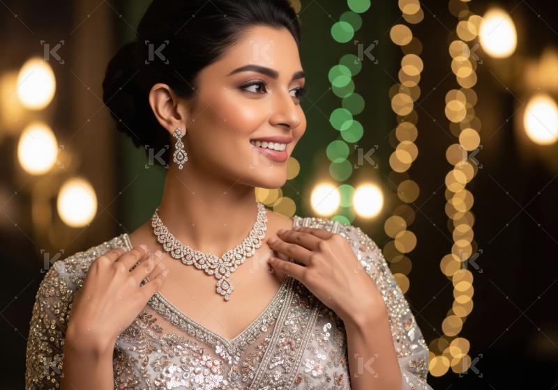 Elegant Indian Woman Adorned in Diamond Jewelry, Festive Backgro