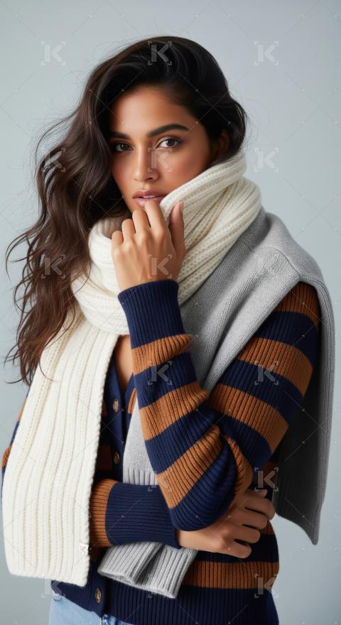 Fashionable Woman Posing in Warm Scarf and Striped Cardigan