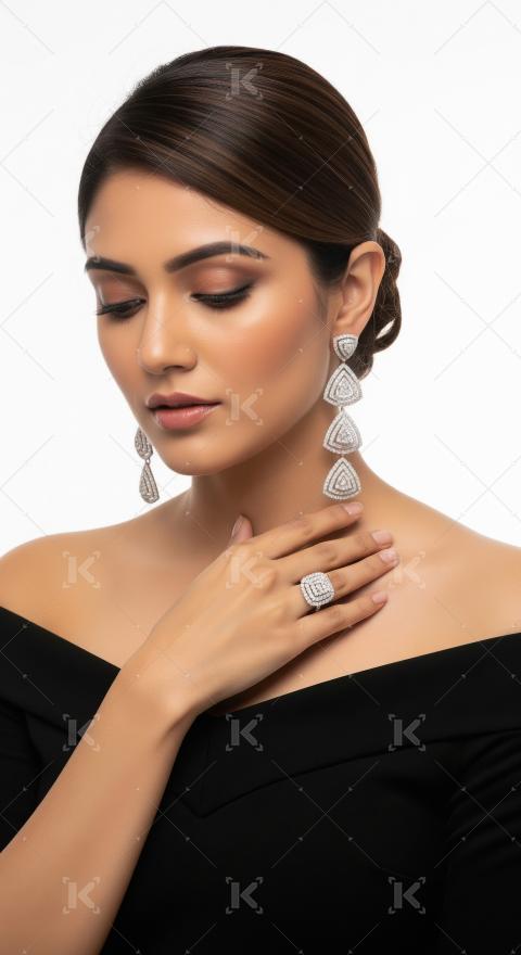 Elegant Indian Woman Showcasing Diamond Jewelry on White Backgro