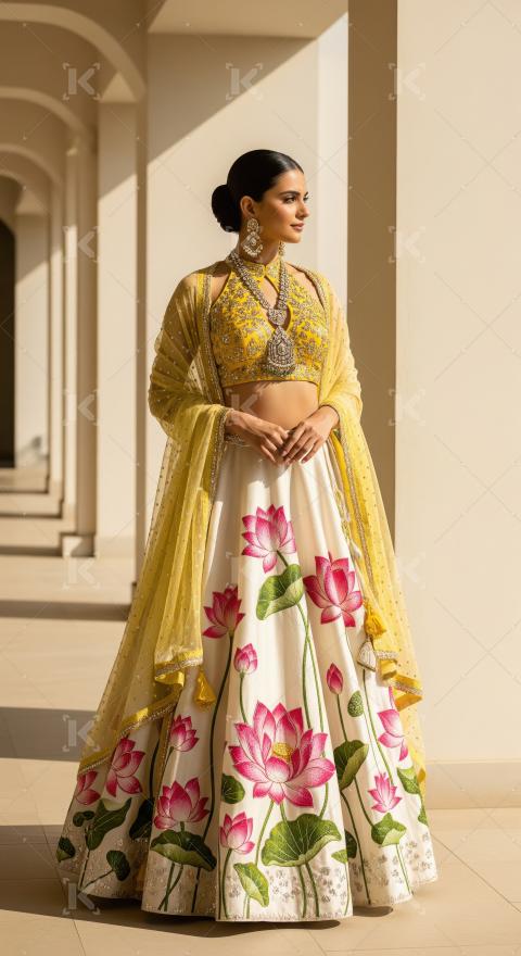 Elegant Indian Woman in Yellow and White Lotus Lehenga