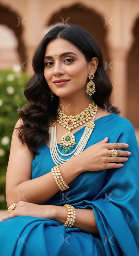 Elegant Indian Woman in Blue Saree Adorned with Traditional Jewe