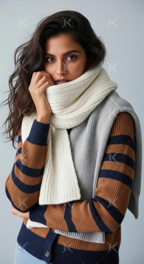 Young woman in cozy, layered knitwear fashion with cream scarf