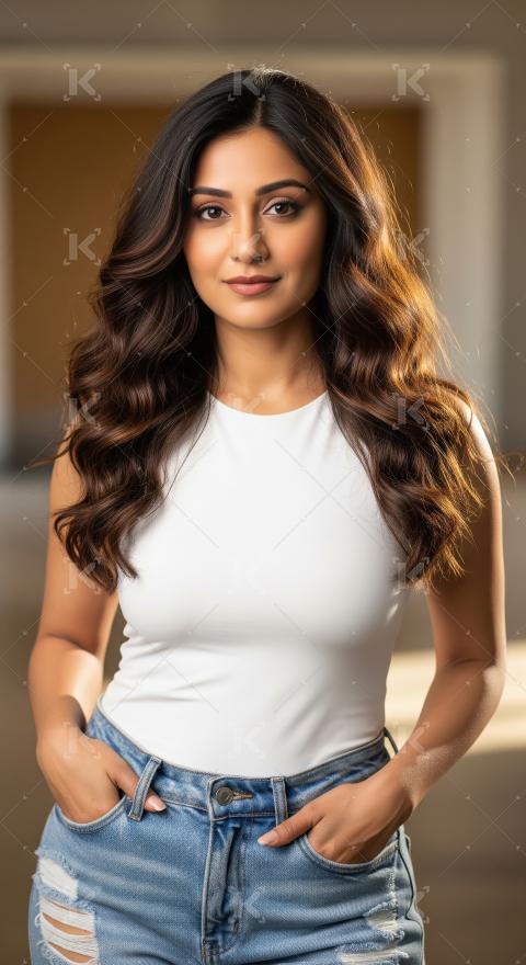 Confident Young Indian Woman in Casual White Top Jeans
