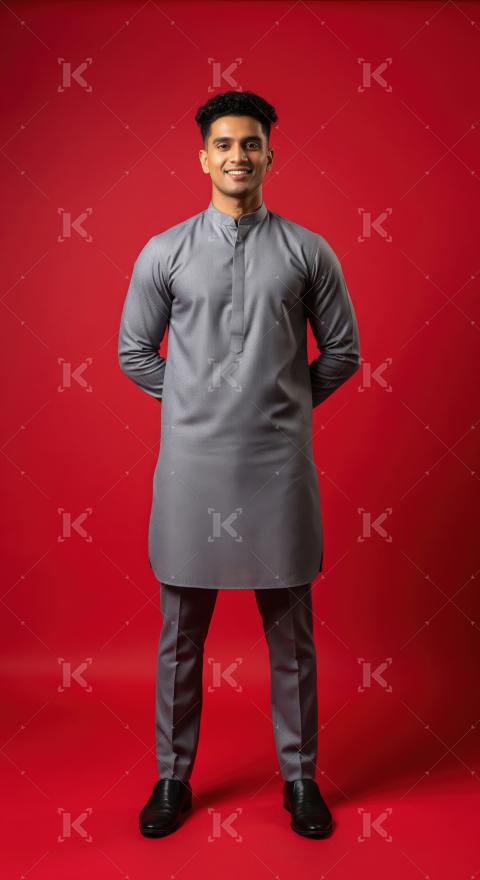 Smiling Man in Grey Kurta Standing on Red Background