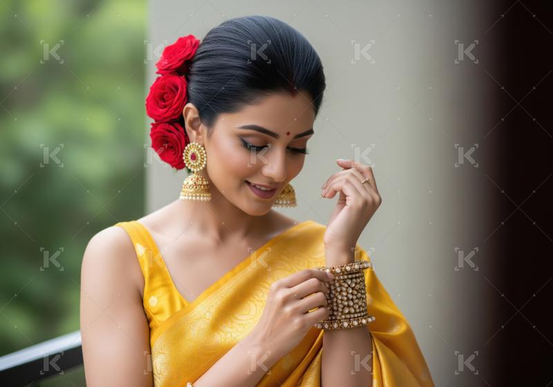 Elegant South Indian Woman Adorned in Traditional Yellow Saree a