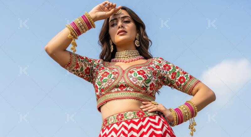 Beautiful Indian Woman Posing in Traditional Embroidered Lehenga