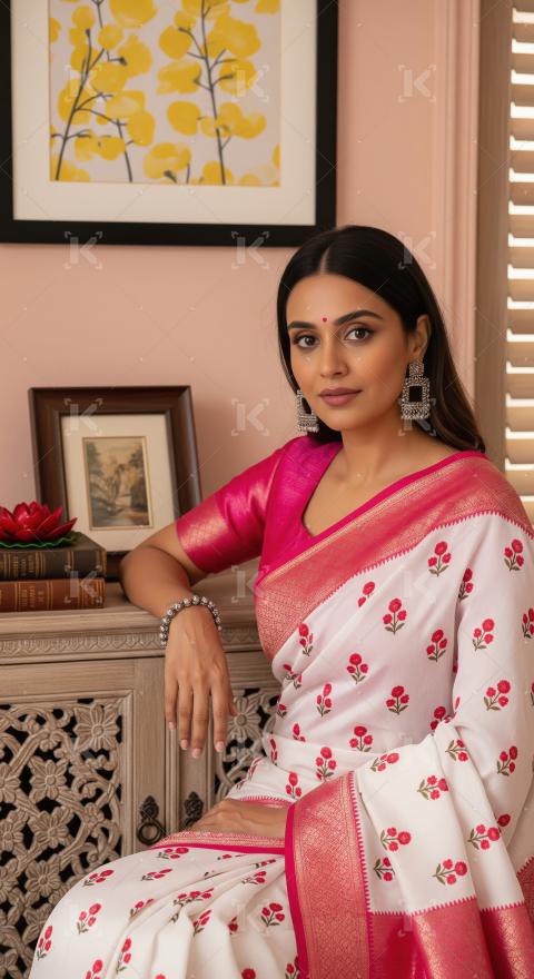 Elegant Indian woman in white floral saree, traditional jewelry.