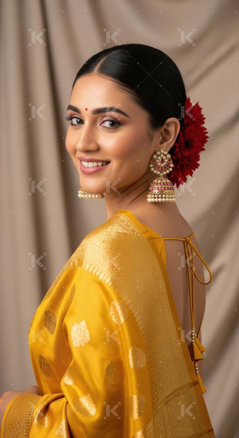 Elegant Indian Woman in Yellow Saree with Traditional Jewelry