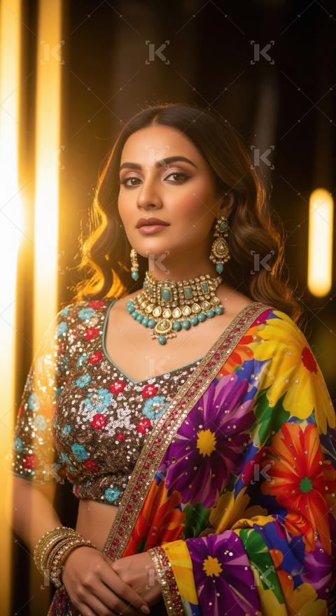 Elegant Indian Woman in Vibrant Saree and Traditional Jewelry