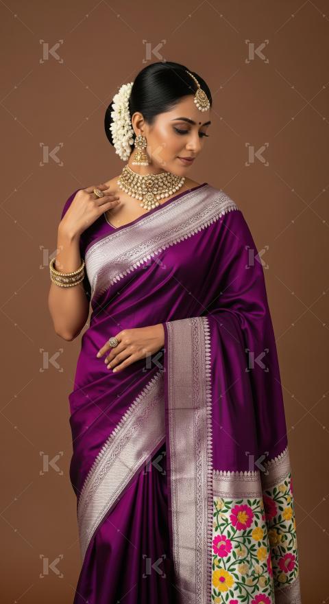 Elegant Indian Woman in Purple Silk Saree and Traditional Jewelr