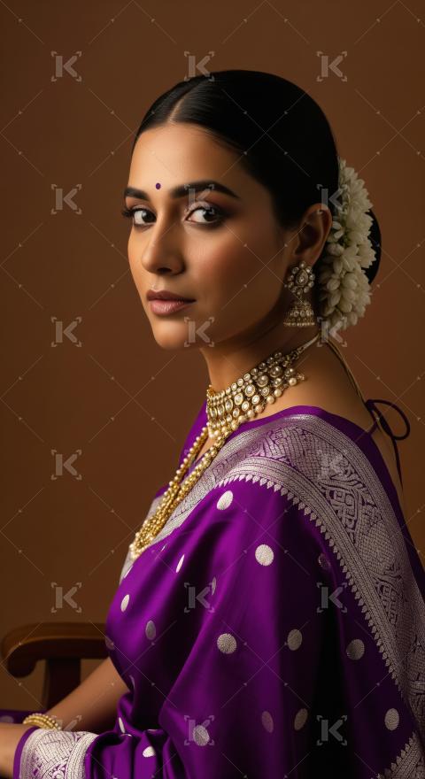Elegant Indian Woman in Purple Saree with Traditional Gold Jewel