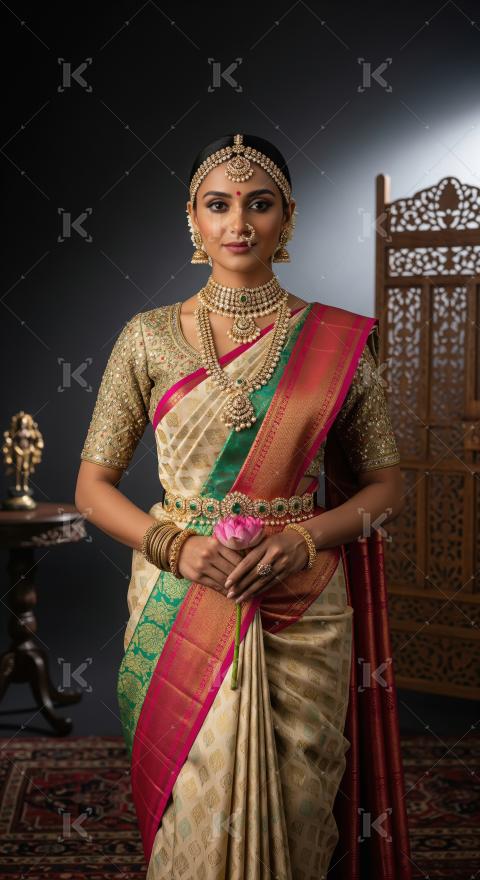 Beautiful Indian Woman in Traditional Saree, Exquisite Gold Jewe