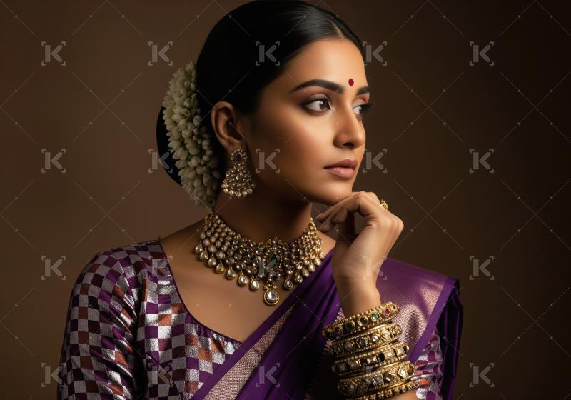 Elegant Indian Woman Adorned in Traditional Gold Jewelry and Sar