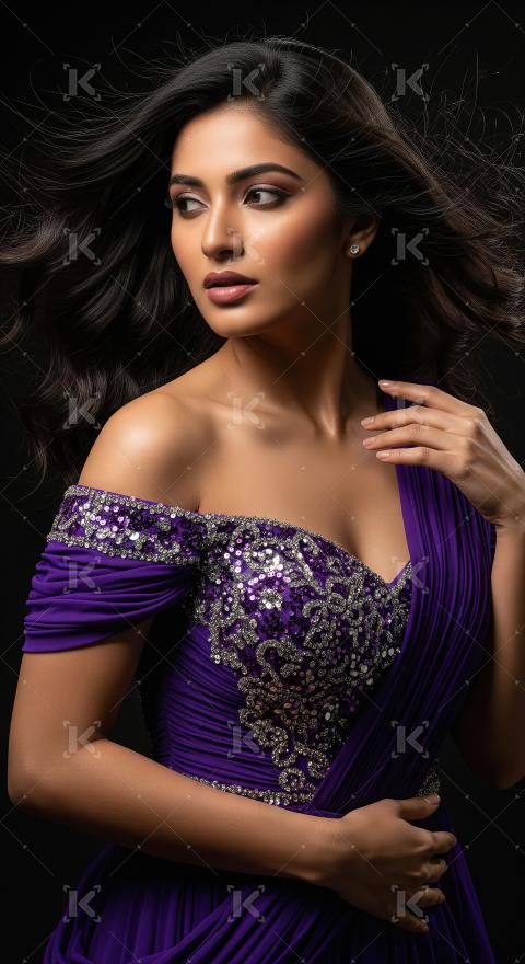 Beautiful Woman in Glamorous Purple Sequin Gown with Flowing Hai