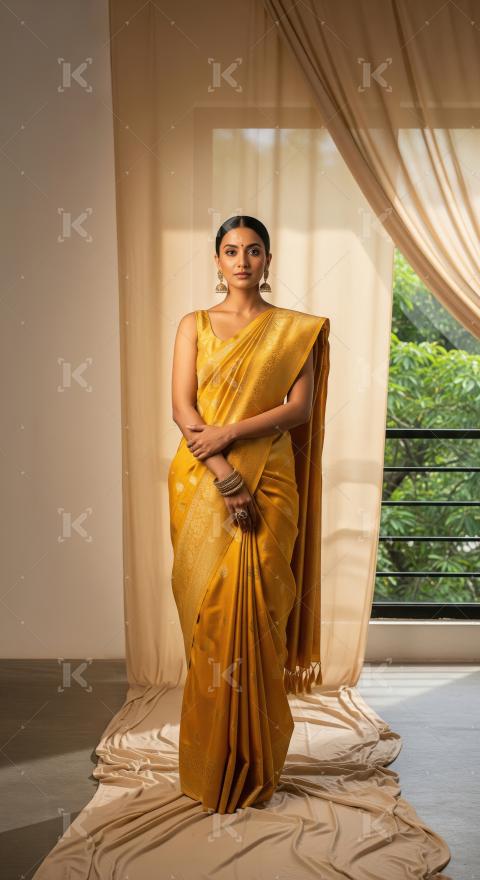 Elegant Indian Woman in Traditional Golden Silk Saree