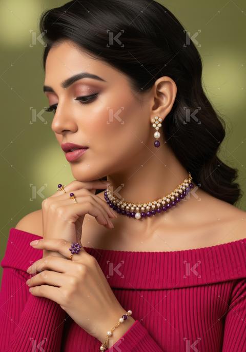 Elegant Woman Showcasing Exquisite Pearl and Amethyst Jewelry Se