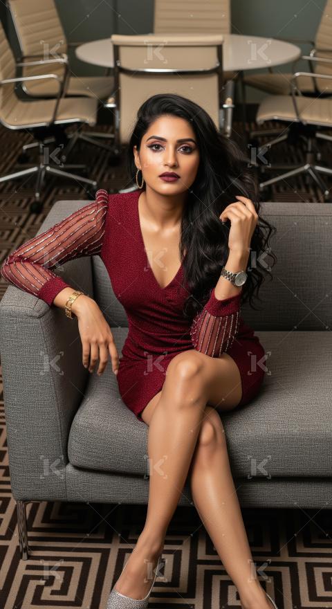 Elegant Indian Woman in Red Shimmer Dress Posing on Sofa