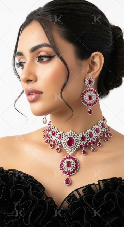 Elegant Woman Adorned with Ruby Diamond Jewelry Set