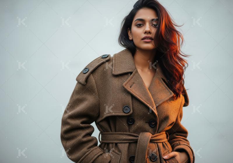 Portrait of a stylish woman in a brown winter coat.