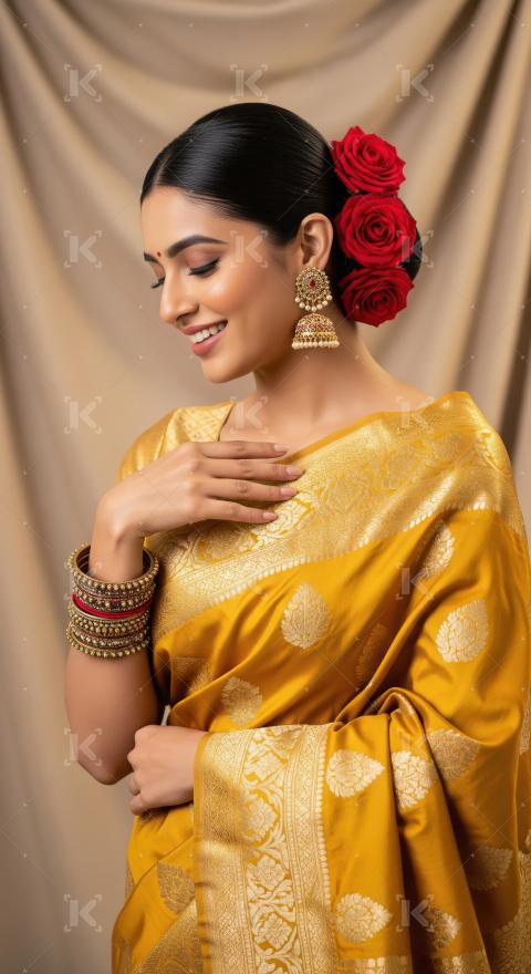 Beautiful Indian Woman in Yellow Silk Saree and Gold Jewelry