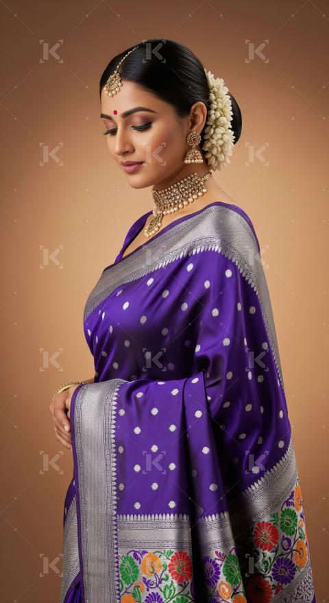 Elegant Indian Woman in Purple Saree, Adorned with Traditional G