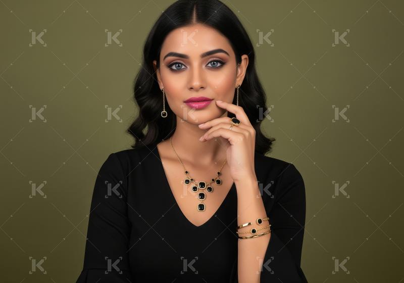Elegant Woman Adorned in Gold and Black Gemstone Jewelry