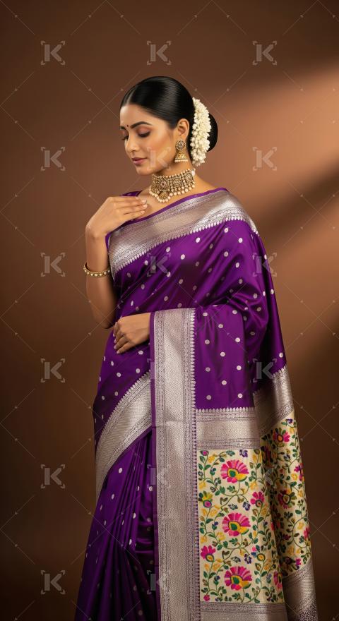 Elegant Indian Woman in Traditional Purple Silk Saree with Flora