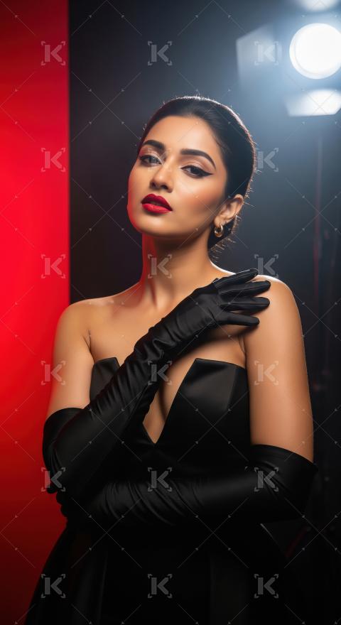 Glamorous Woman in Black Dress Posing in Studio Light