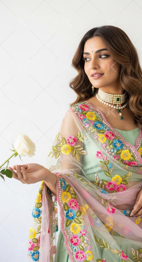Beautiful South Asian Woman in Traditional Attire Holding White