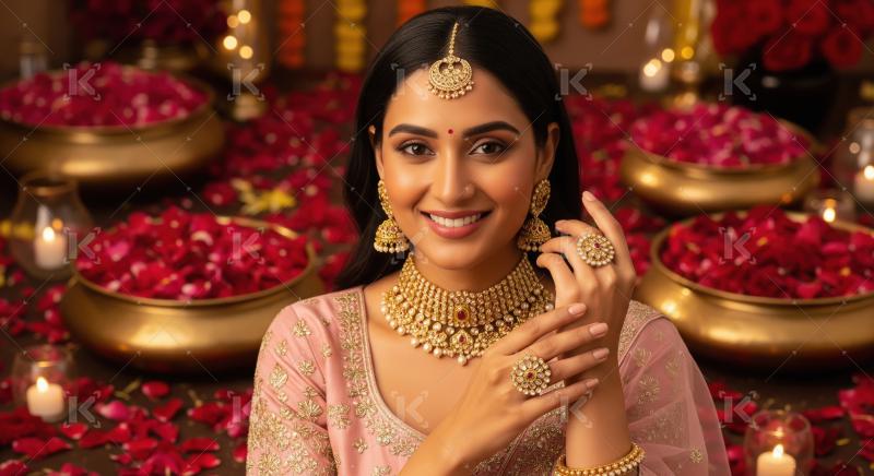 Elegant Indian Woman Adorned with Traditional Gold Jewelry in Fe