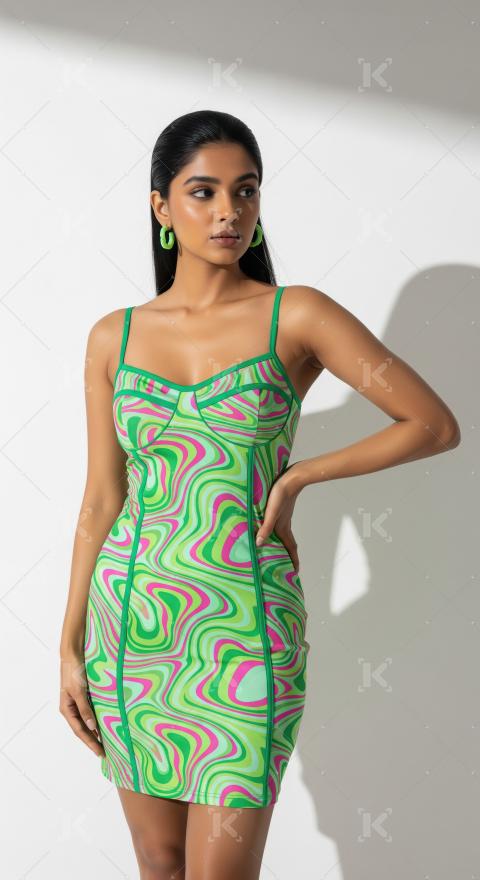 Vibrant Swirl Print Mini Dress with Green Trim