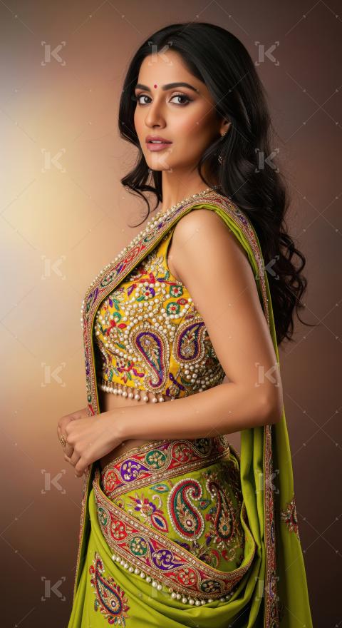 Beautiful Indian Woman in Elegant Embroidered Saree Blouse